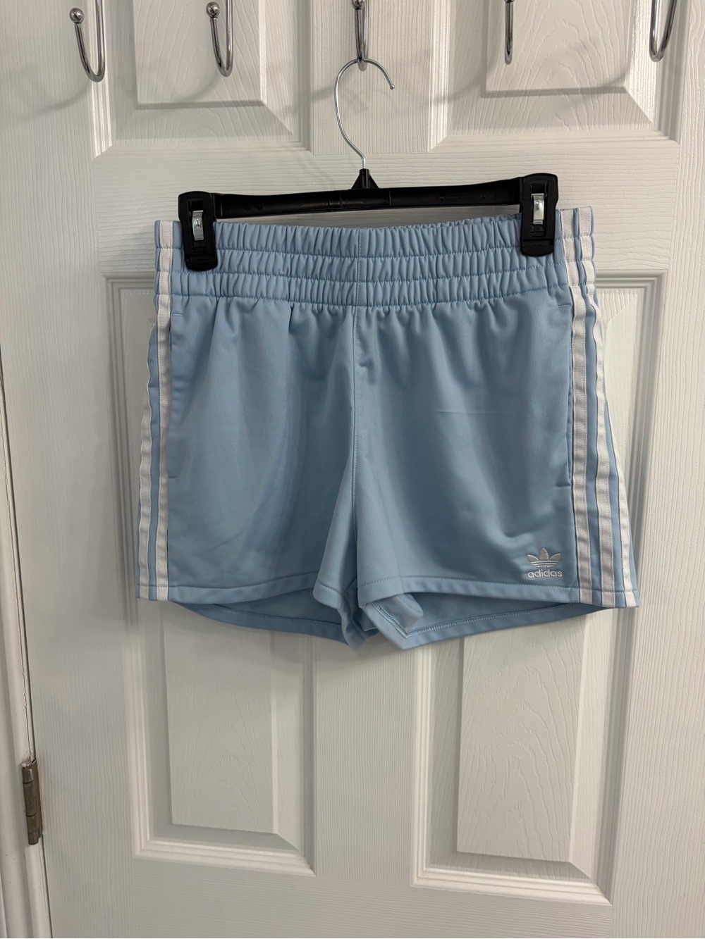 Adidas Women’s Light Baby Blue Y2K Athletic Shorts with White Stripes